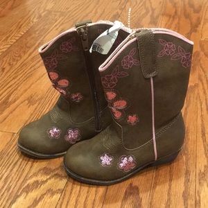 Brown girls boots with pink  floral accents. NWOT.